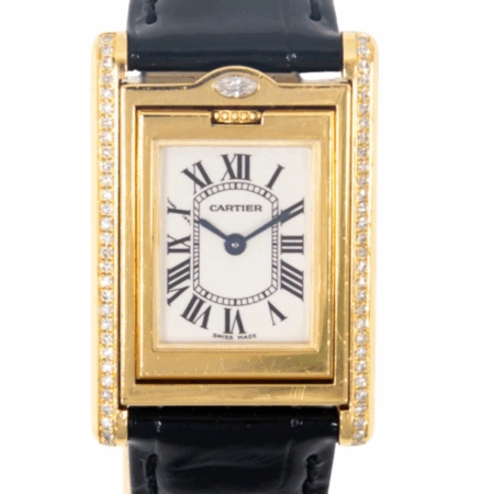 Cartier Tank Basculante Yellow Gold Diamond Bezel White Roman Dial WA202251