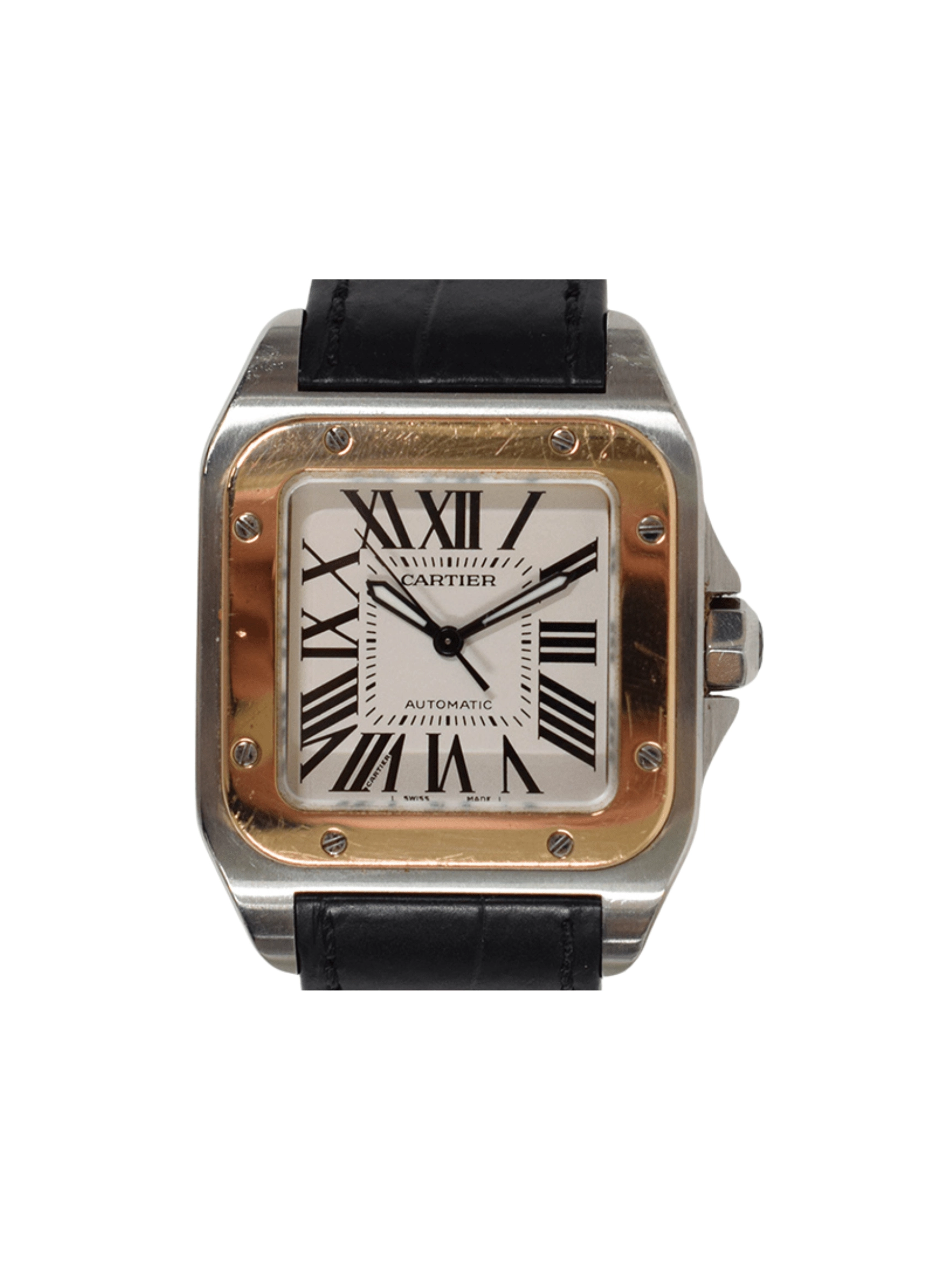 Cartier Santos 100 Stainless Steel and Rose Gold Silver Roman Dial W20107X7