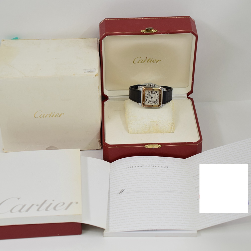 Cartier Santos 100 Stainless Steel and Rose Gold Silver Roman Dial W20107X7