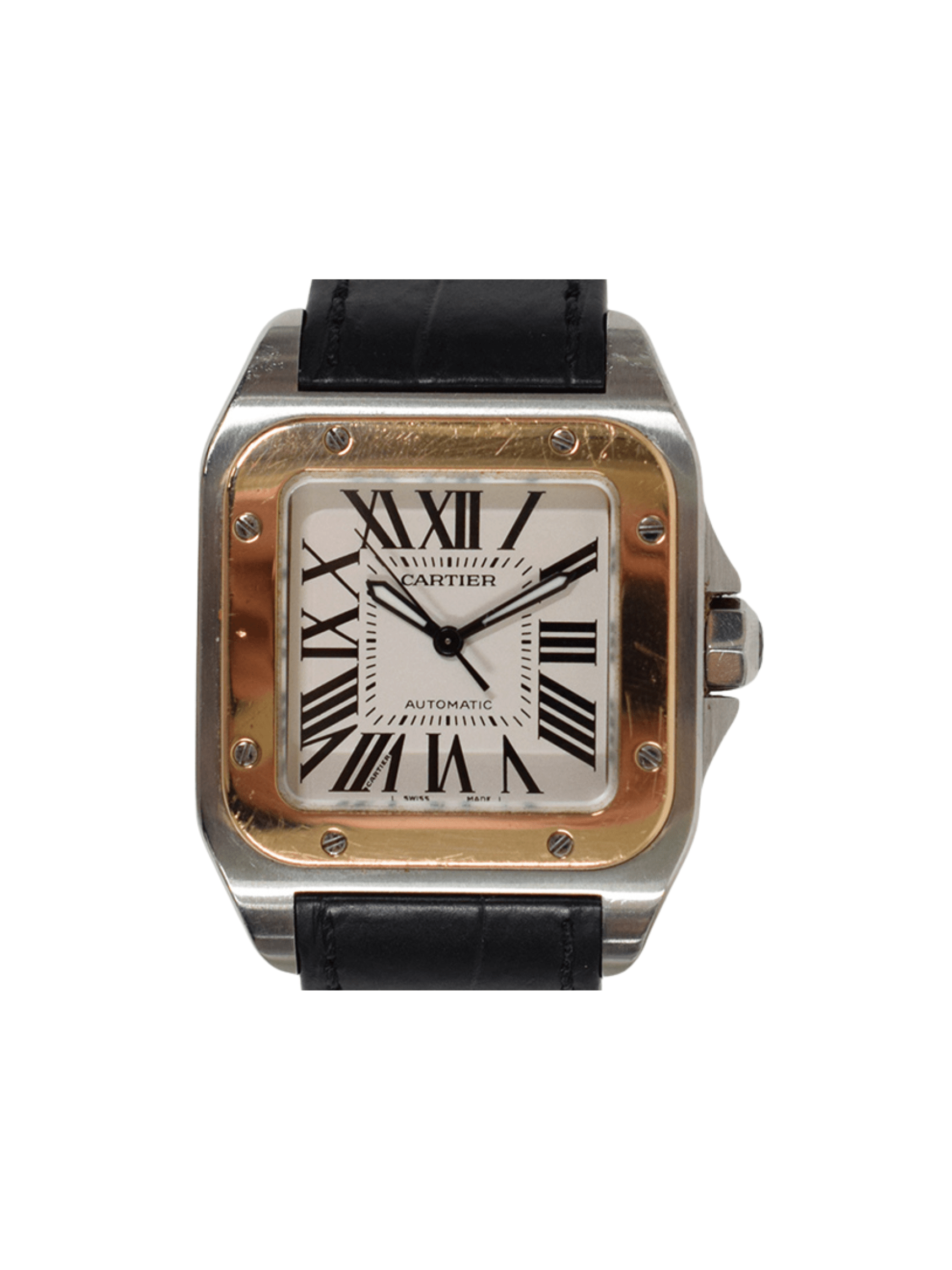 Cartier Santos 100 Stainless Steel and Rose Gold Silver Roman Dial W20107X7