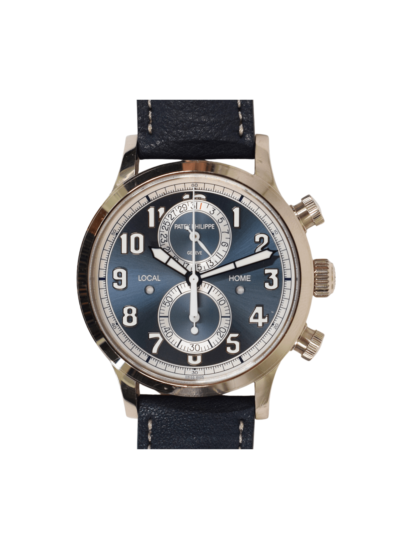 Patek Philippe Calatrava Pilot Travel Time Chronograph White Gold Blue Arabic Dial 5924G-001