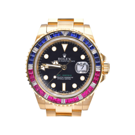 Rolex GMT-Master II Yellow Gold Sapphire/Ruby/Diamond Bezel Black Dial 116748SARU