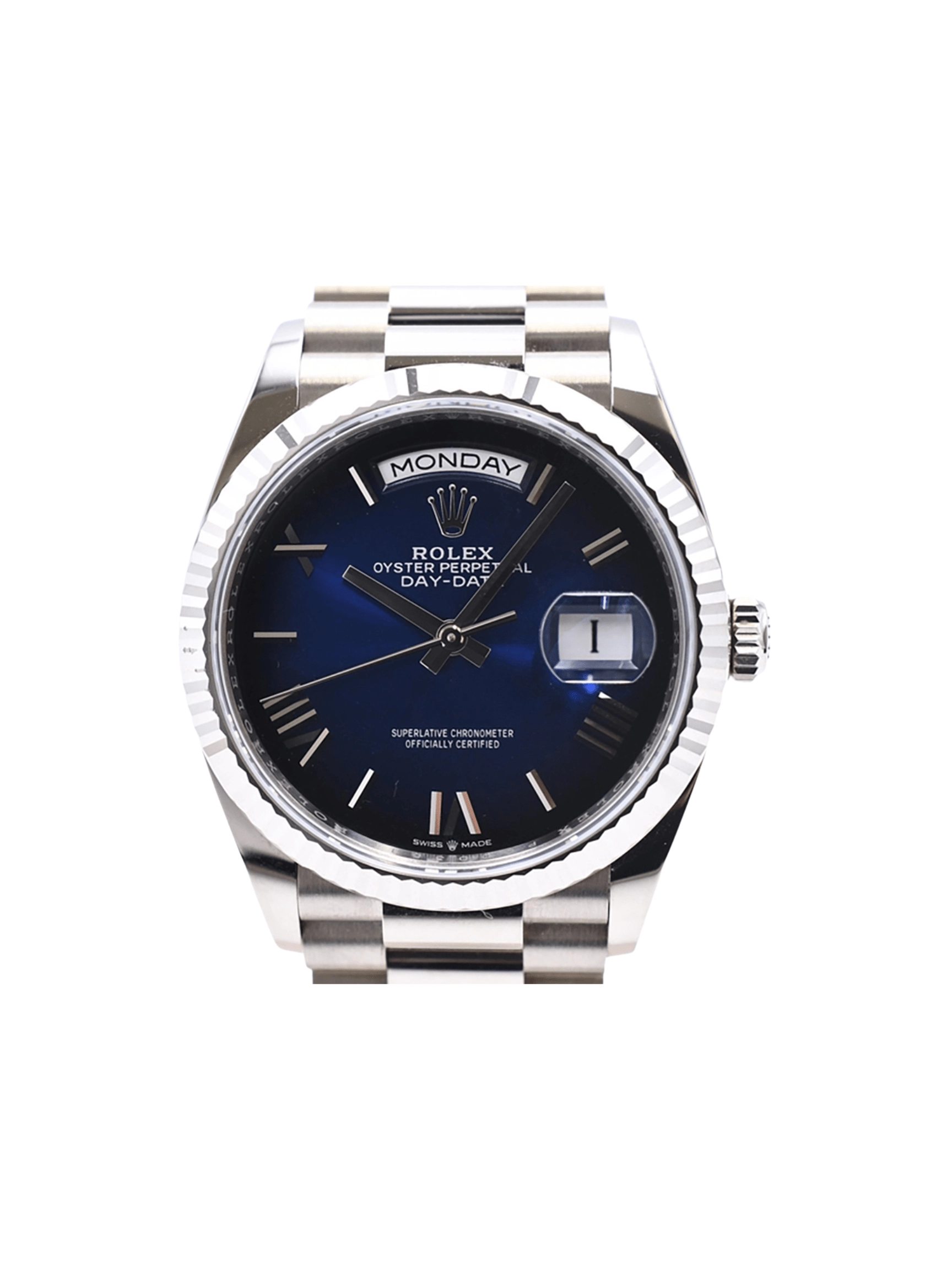 Rolex Day-Date 36 White Gold Blue Ombre Roman Dial 128239