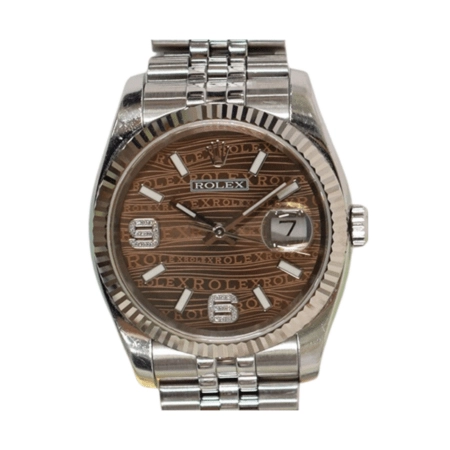 Rolex Datejust 36 Stainless Steel and White Gold Brown Wave 6&9 Diamond Dial 116234