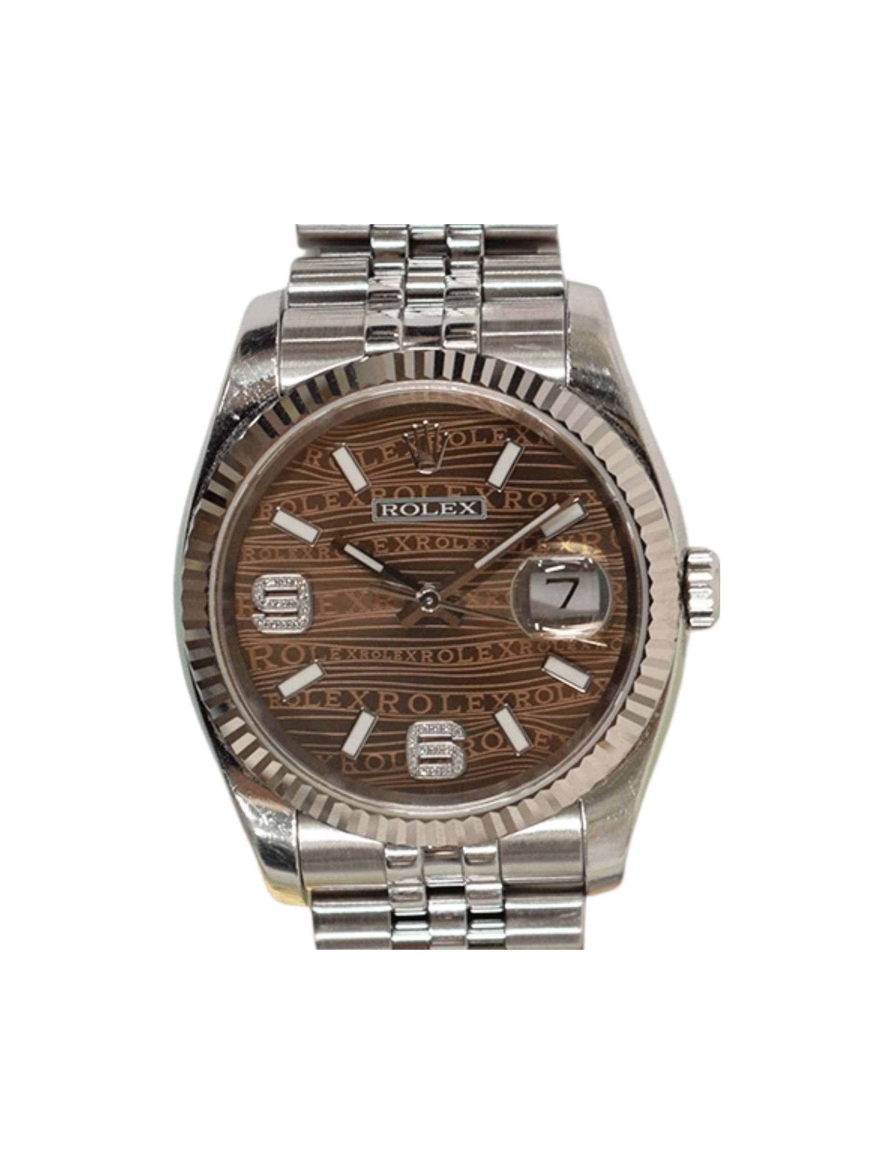 Rolex Datejust 36 Stainless Steel and White Gold Brown Wave 6&9 Diamond Dial 116234