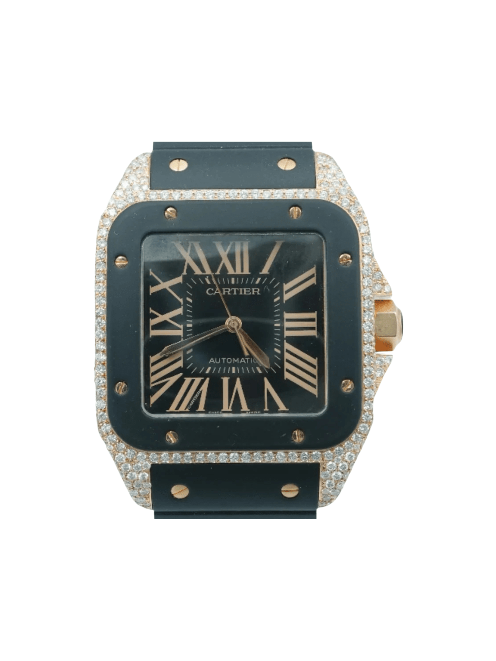Cartier Santos 100 Iced Out Rose Gold Black Roman Dial 2792