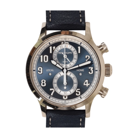 Patek Philippe Calatrava Pilot Travel Time Chronograph White Gold Blue Arabic Dial 5924G-001