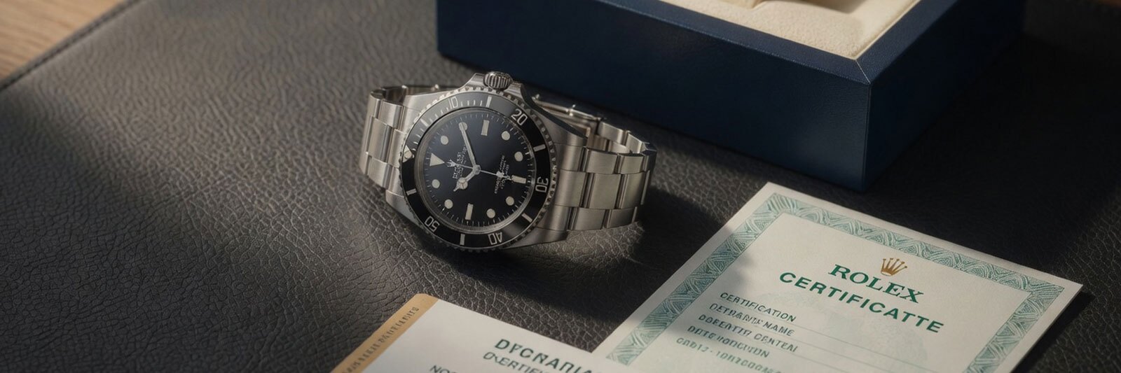 Luxury dive watch with appraisal certificate and warranty card arranged on a dark leather surface next to an open watch box