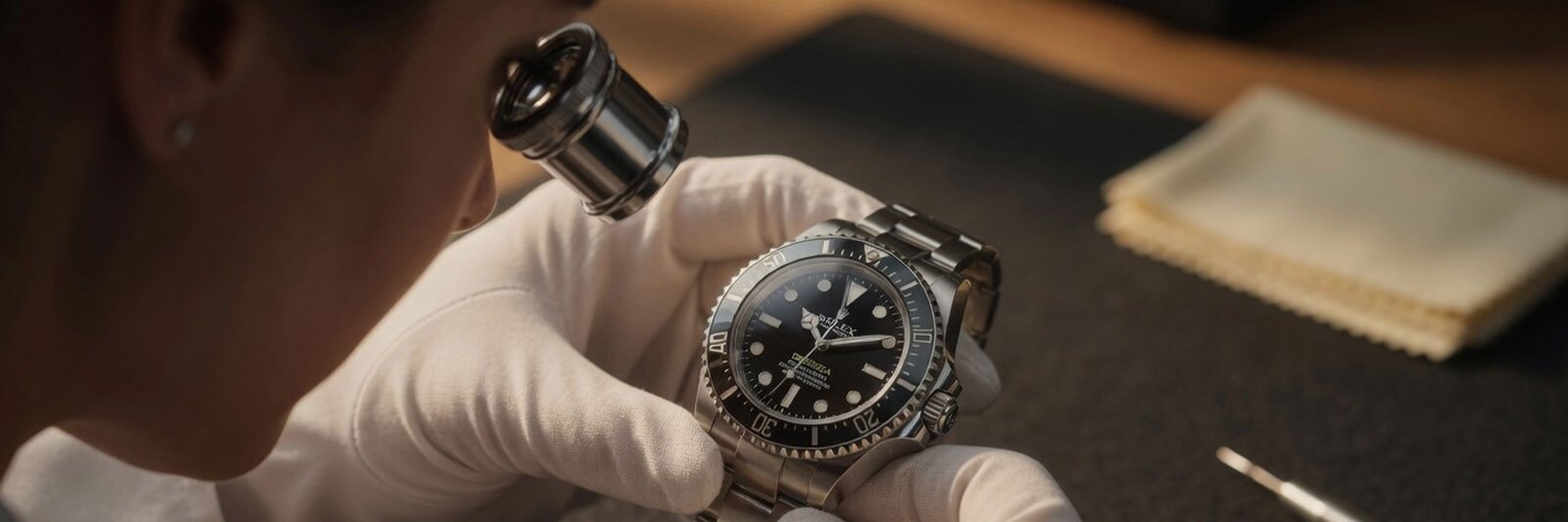 Watch appraiser examining a luxury timepiece through a jeweler's loupe over a felt workbench