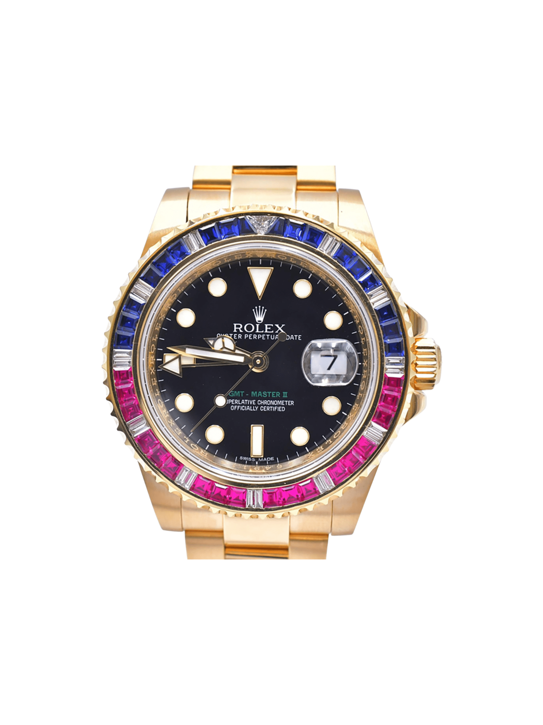 Rolex GMT-Master II Yellow Gold Sapphire/Ruby/Diamond Bezel Black Dial 116748SARU