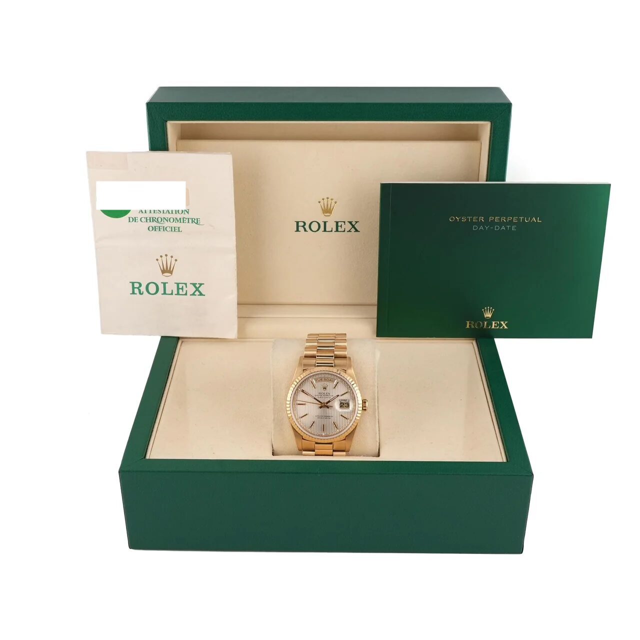 Rolex Day-Date 36 Yellow Gold Silver Stick Dial 18238