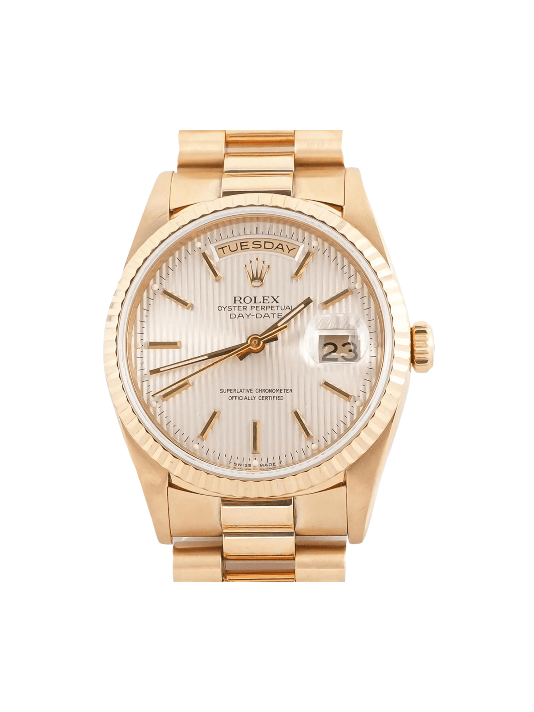 Rolex Day-Date 36 Yellow Gold Silver Stick Dial 18238
