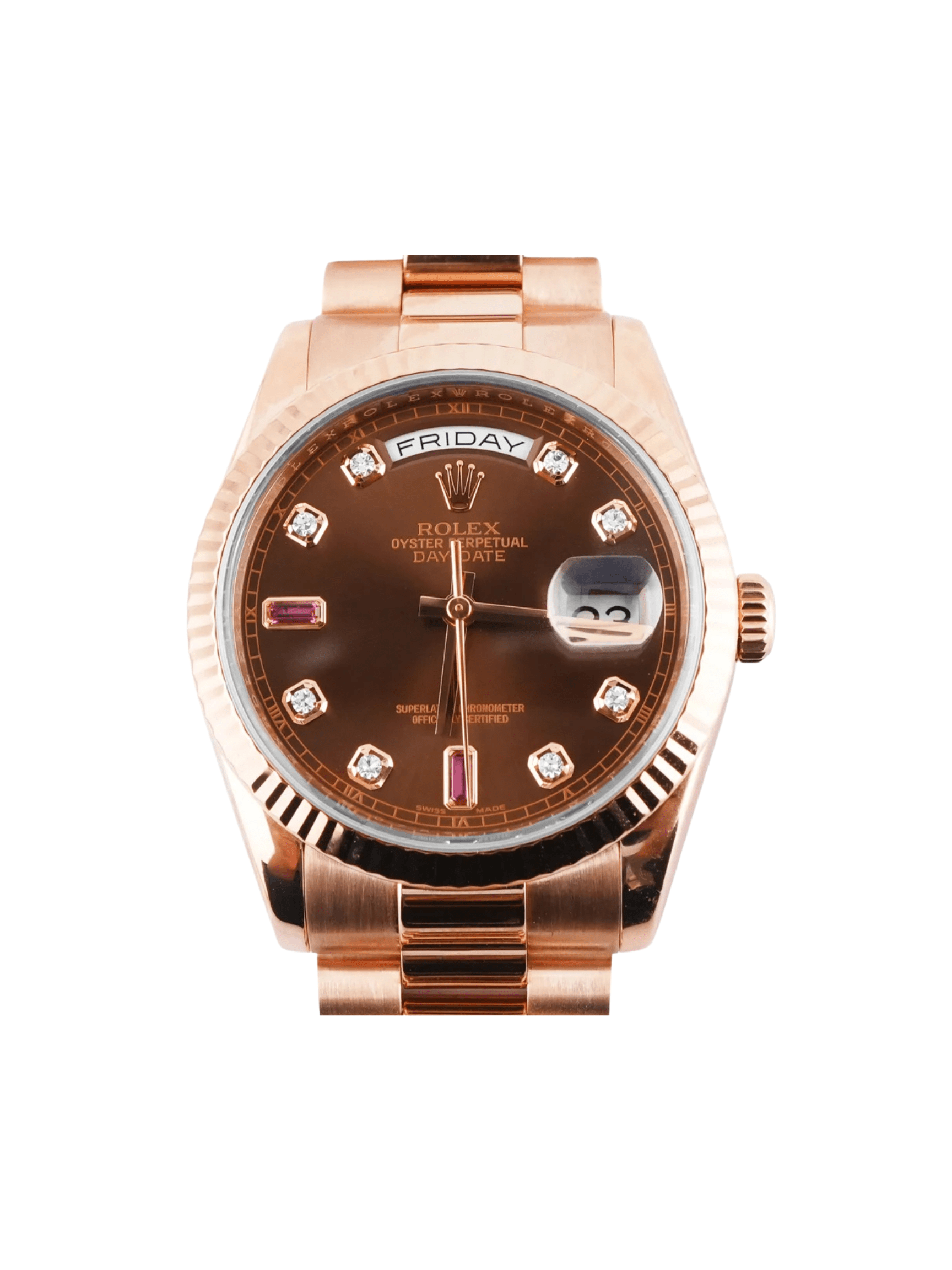 Rolex Day-Date Rose Gold Chocolate Brown Diamond Dial 118235