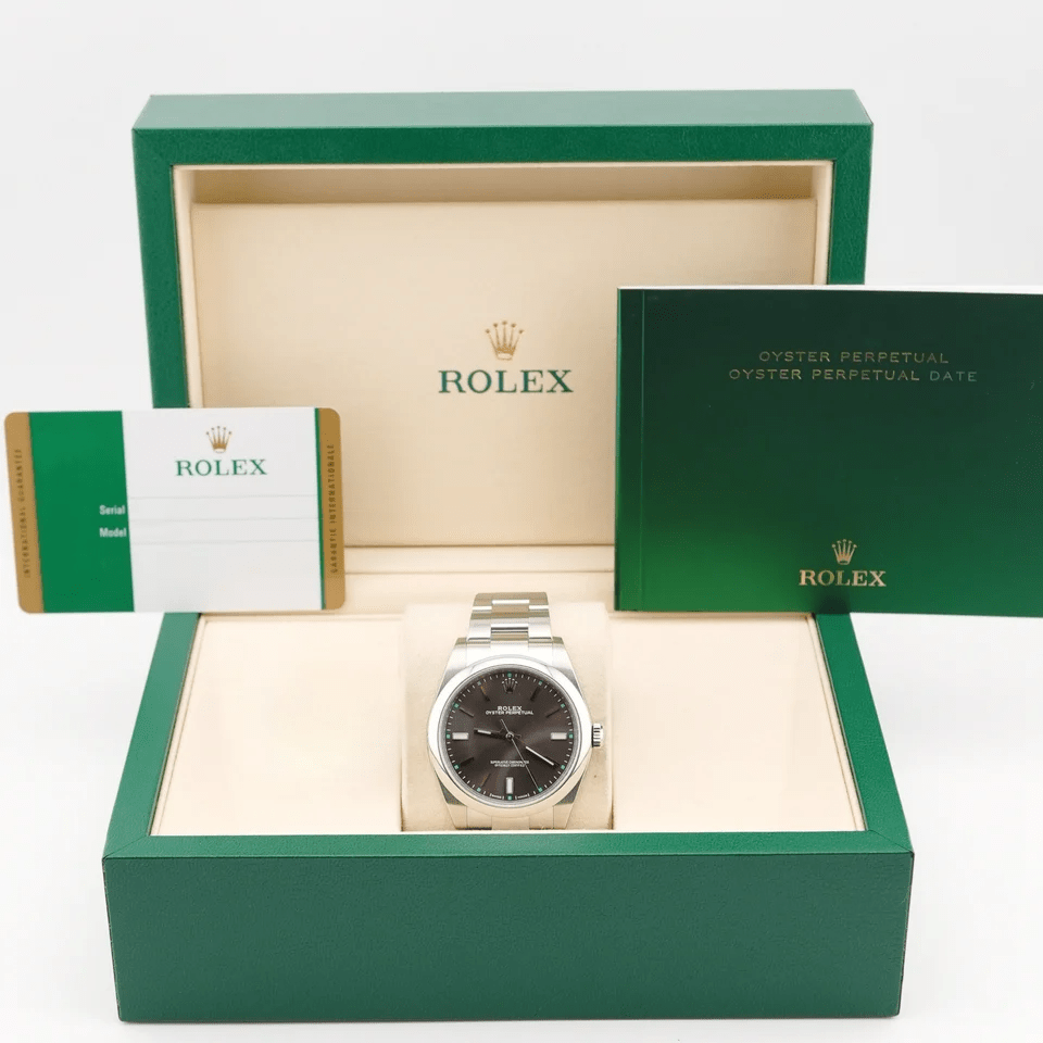 Rolex Oyster Perpetual Stainless Steel Dark Rhodium Stick Dial 114300