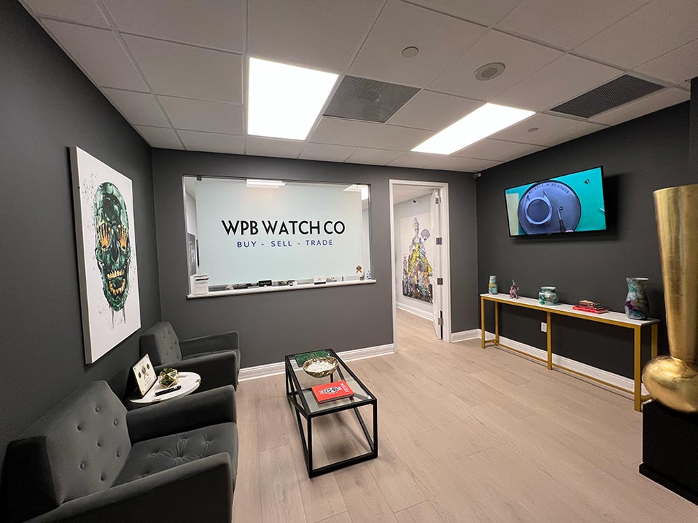 Front lobby of WPB Watch Co, a luxury watch dealer in West Palm Beach. Comfortable, modern space for buying and selling Rolex and other fine timepieces.