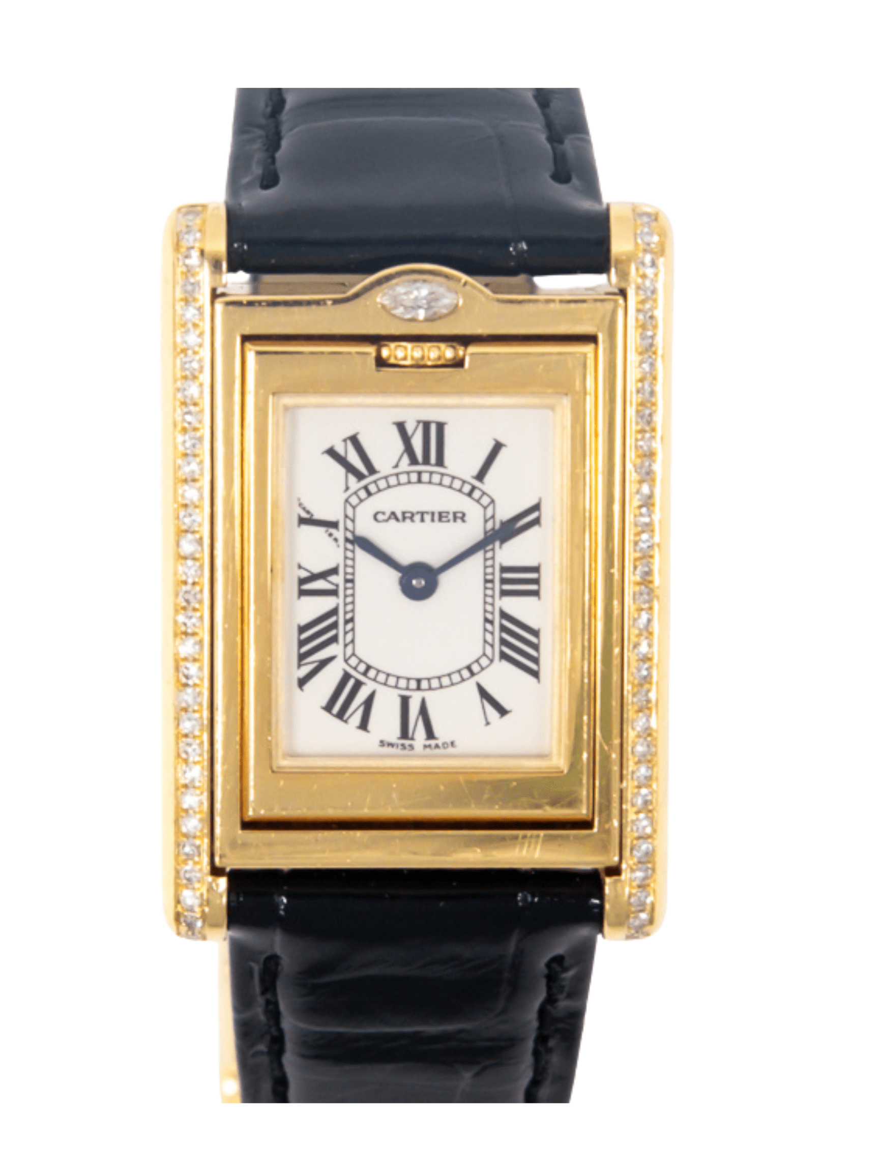 Cartier Tank Basculante Yellow Gold Diamond Bezel White Roman Dial WA202251