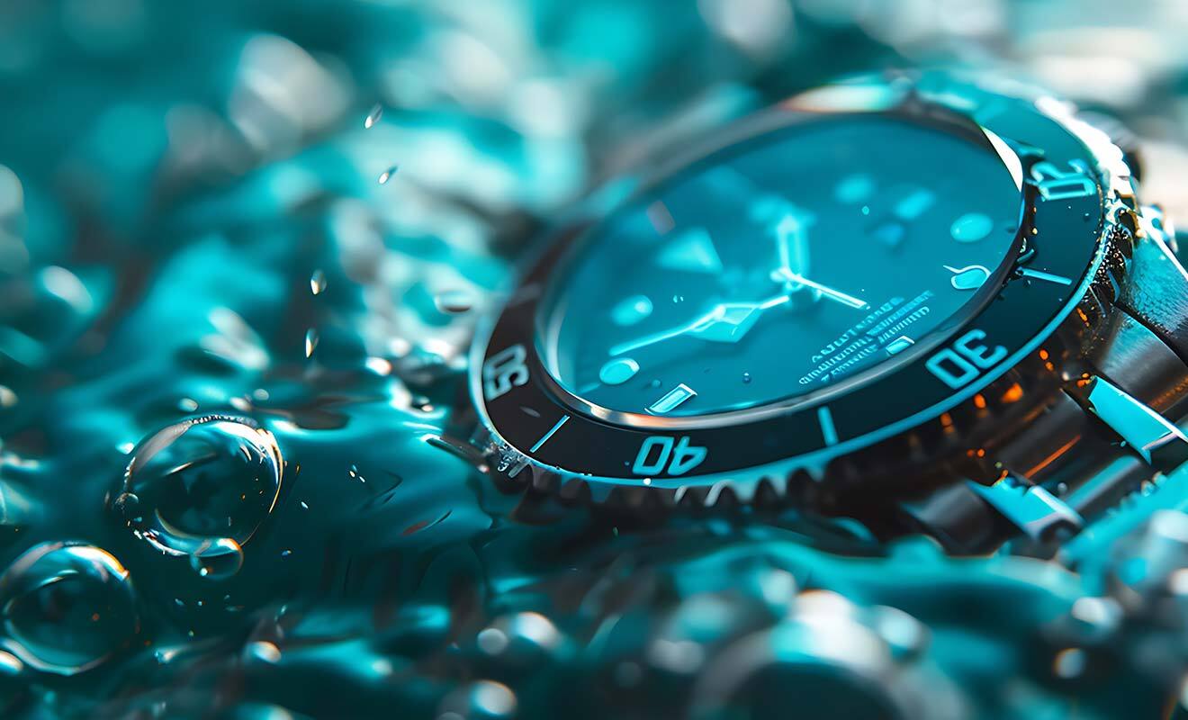 underwater silver watch symbolizing its water resistance