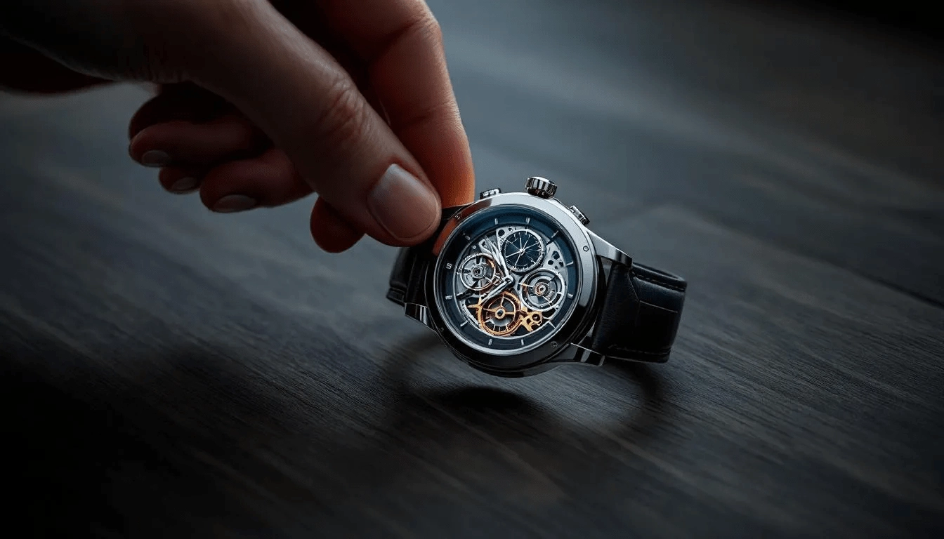 A person properly winding a mechanical watch using a manual winding mechanism.