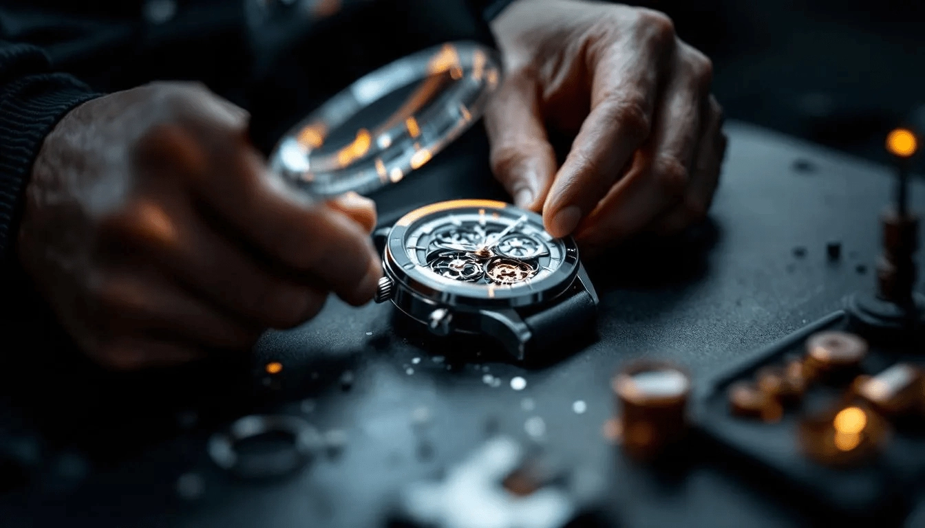 A watchmaker examining a mechanical watch for maintenance.