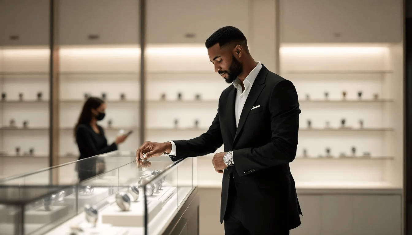 A traveler selecting a luxury watch for their trip, surrounded by multiple watch options.