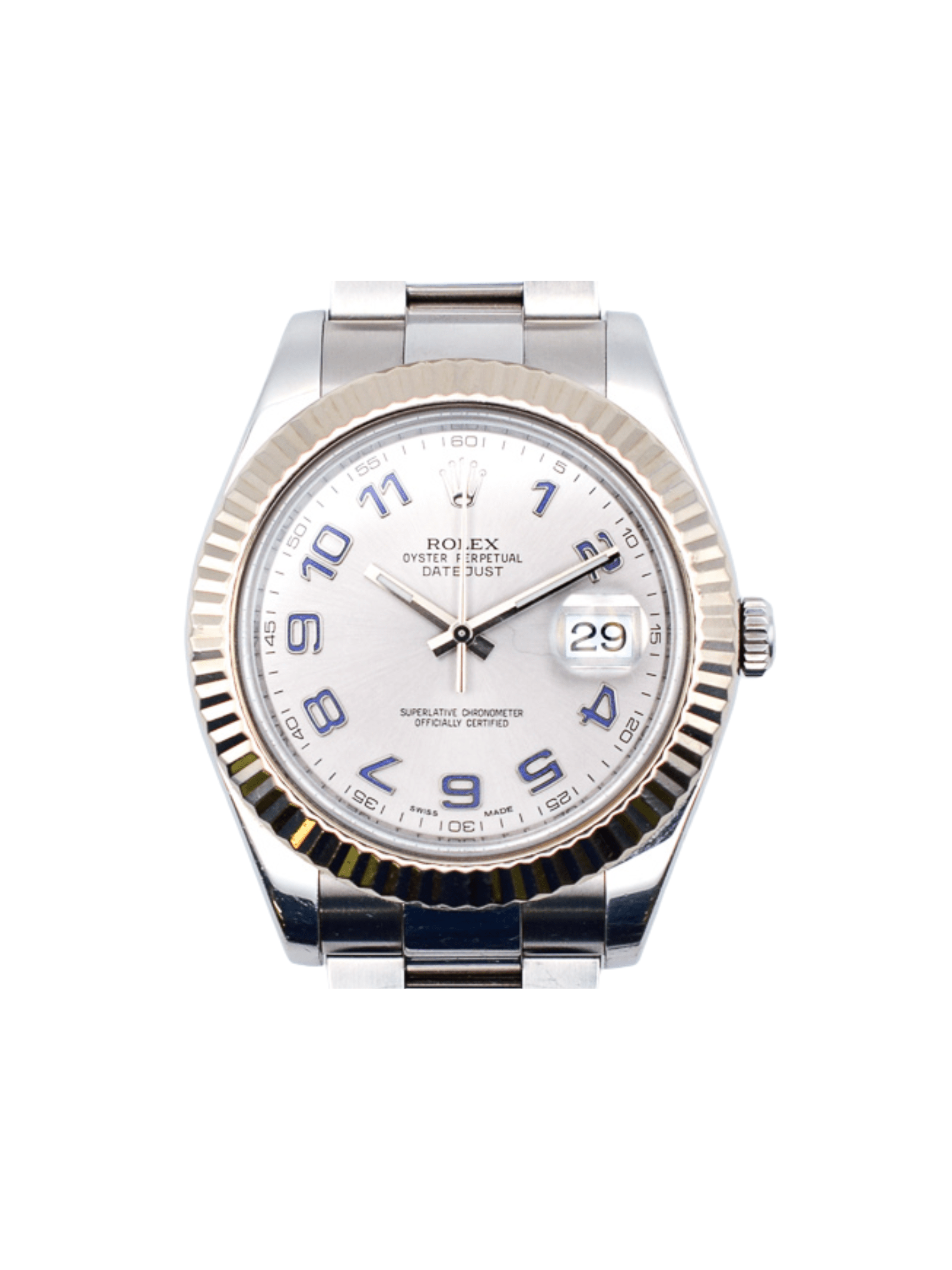 Rolex Datejust II Stainless Steel White Gold Silver Blue Arabic Dial 116334