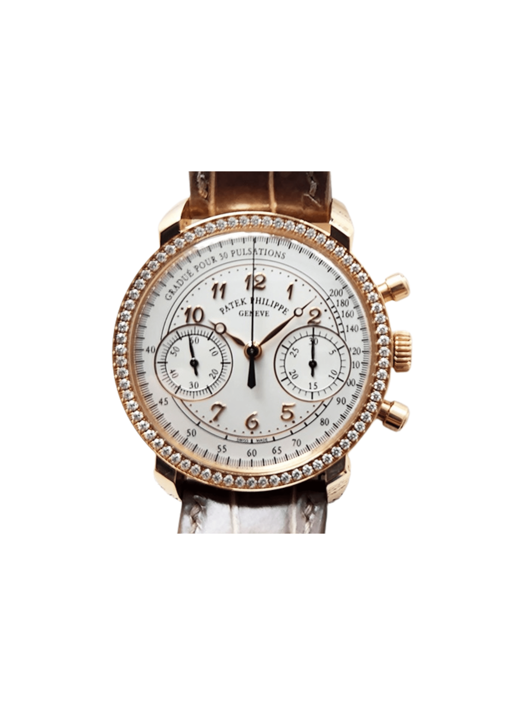 Patek Philippe Complications Rose Gold Diamond Bezel White Arabic Dial 7150/250R-001