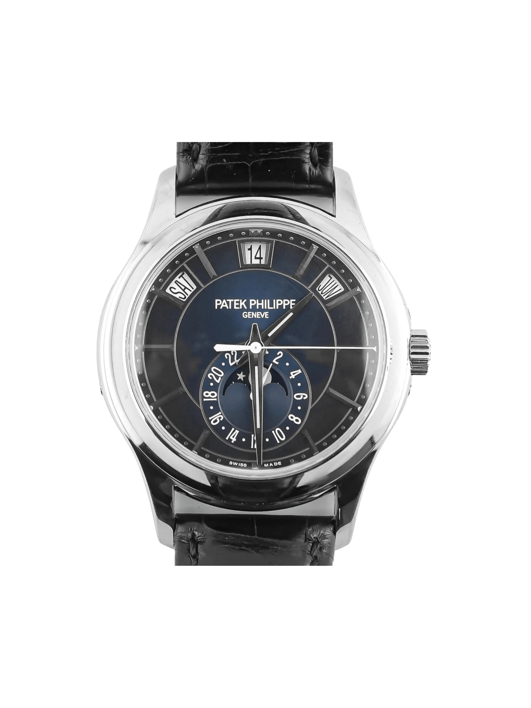 Patek Philippe Complications Annual Calendar Moon Phase White Gold Blue Dial 5205G-013