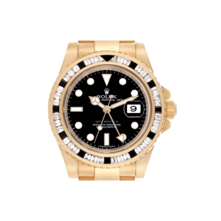 Rolex GMT Master II Diamond and Sapphire Bezel Yellow Gold Black Dial 116748SANR