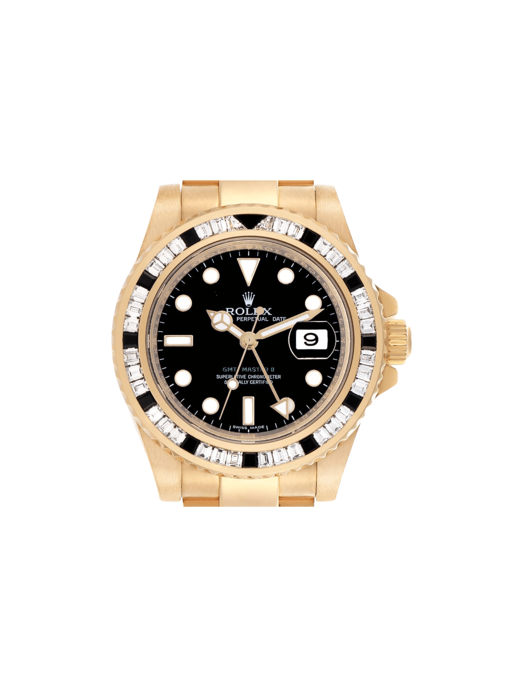 Rolex GMT Master II Diamond and Sapphire Bezel Yellow Gold Black Dial 116748SANR