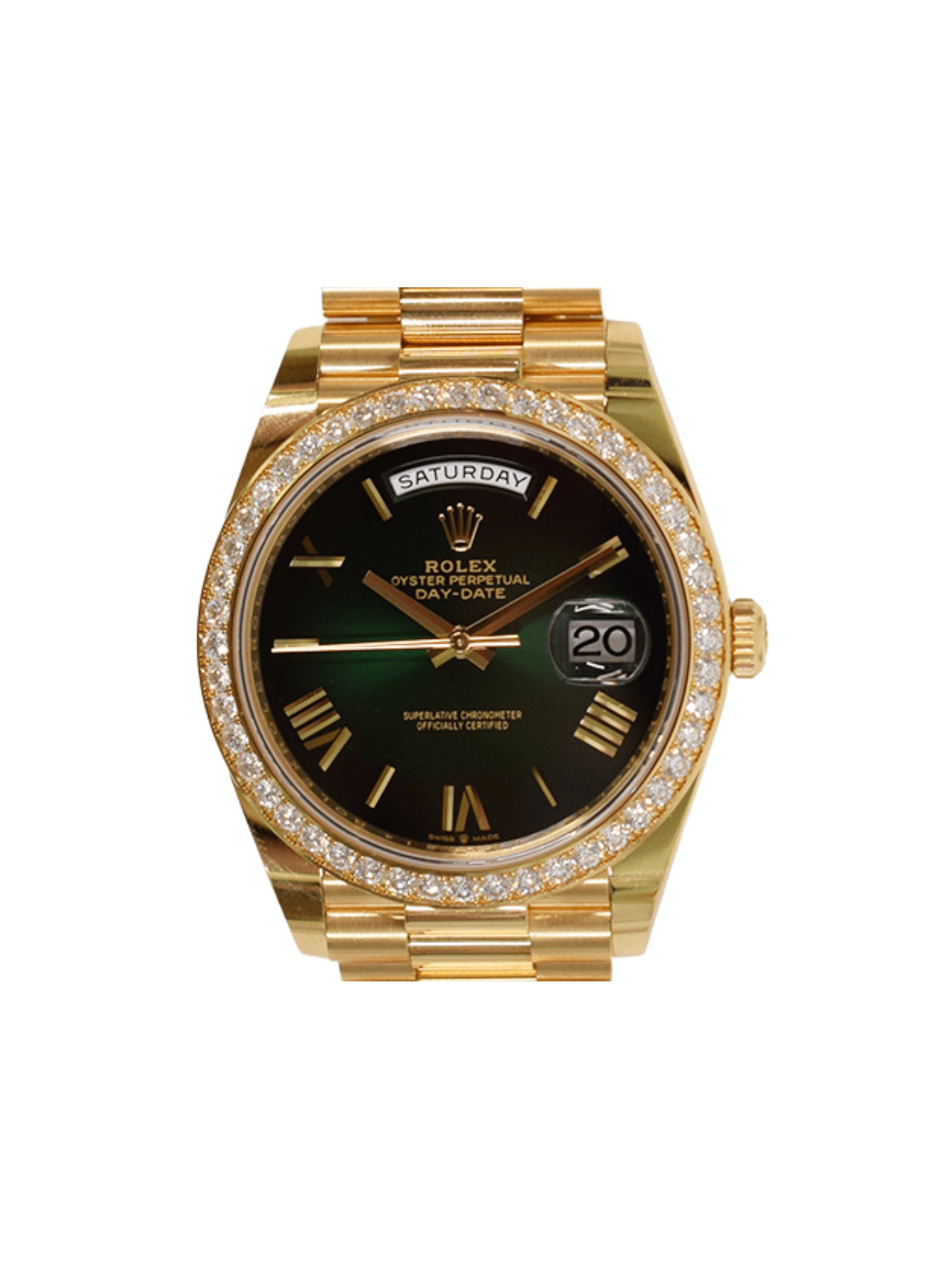 Rolex Day-Date 40 Yellow Gold Diamond Bezel Green Ombre Dial 228348RBR