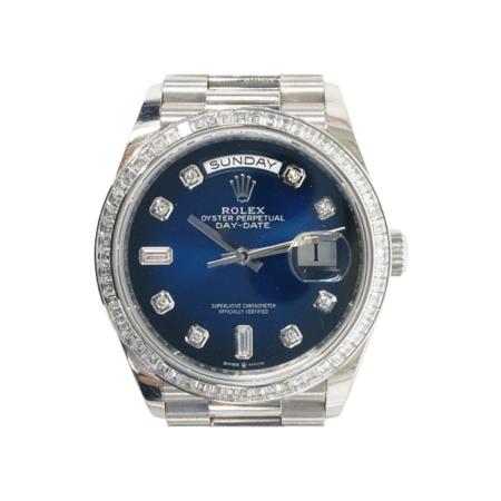 Rolex Day-Date 36 Platinum Baguette Diamond Bezel Blue Diamond Dial 128396TBR