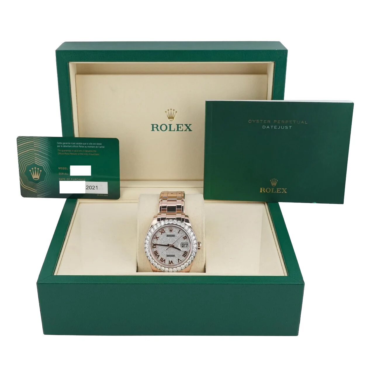 Rolex Datejust Pearlmaster Rose Gold Diamond Paved Roman Dial 86285