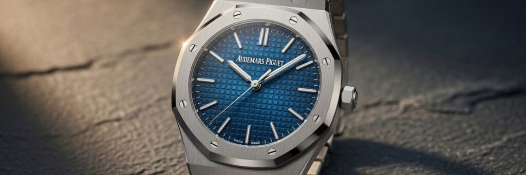 Audemars Piguet Royal Oak blue tapisserie dial with octagonal bezel and steel bracelet