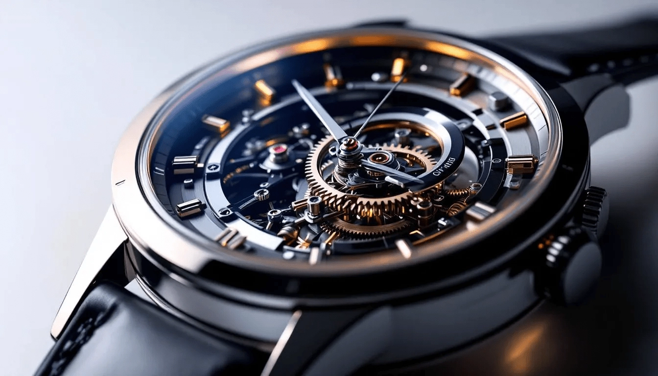 An illustration of an overwind mechanical watch, showing the winding mechanism.