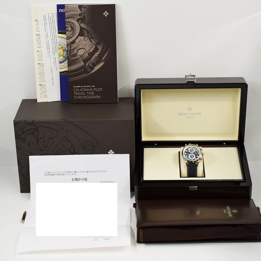 Patek Philippe Calatrava Pilot Travel Time Chronograph White Gold Blue Arabic Dial 5924G-001