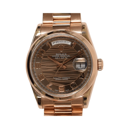 Rolex Day-Date 36 Rose Gold Chocolate Wave Arabic Dial 118205