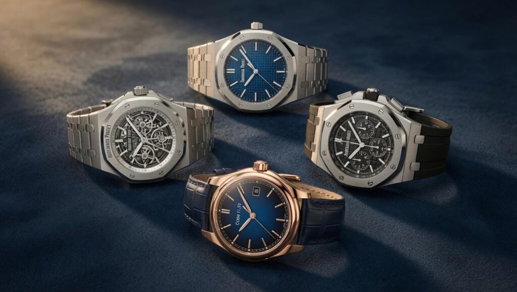Four Audemars Piguet models including Royal Oak, Royal Oak Offshore, Code 11.59, and Royal Oak Concept on dark suede surface