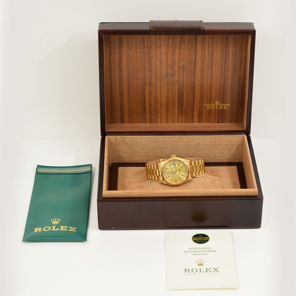 Rolex Day-Date 36 Yellow Gold Champagne Stick Dial 18038