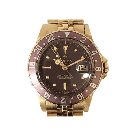 Vintage Rolex GMT-Master Yellow Gold Brown Stones Dial 1675