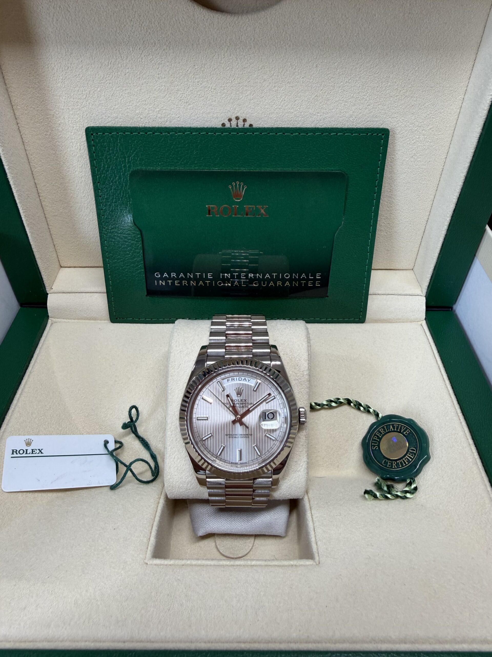 Rolex Day-Date 40 White Gold Silver Striped Dial 228239