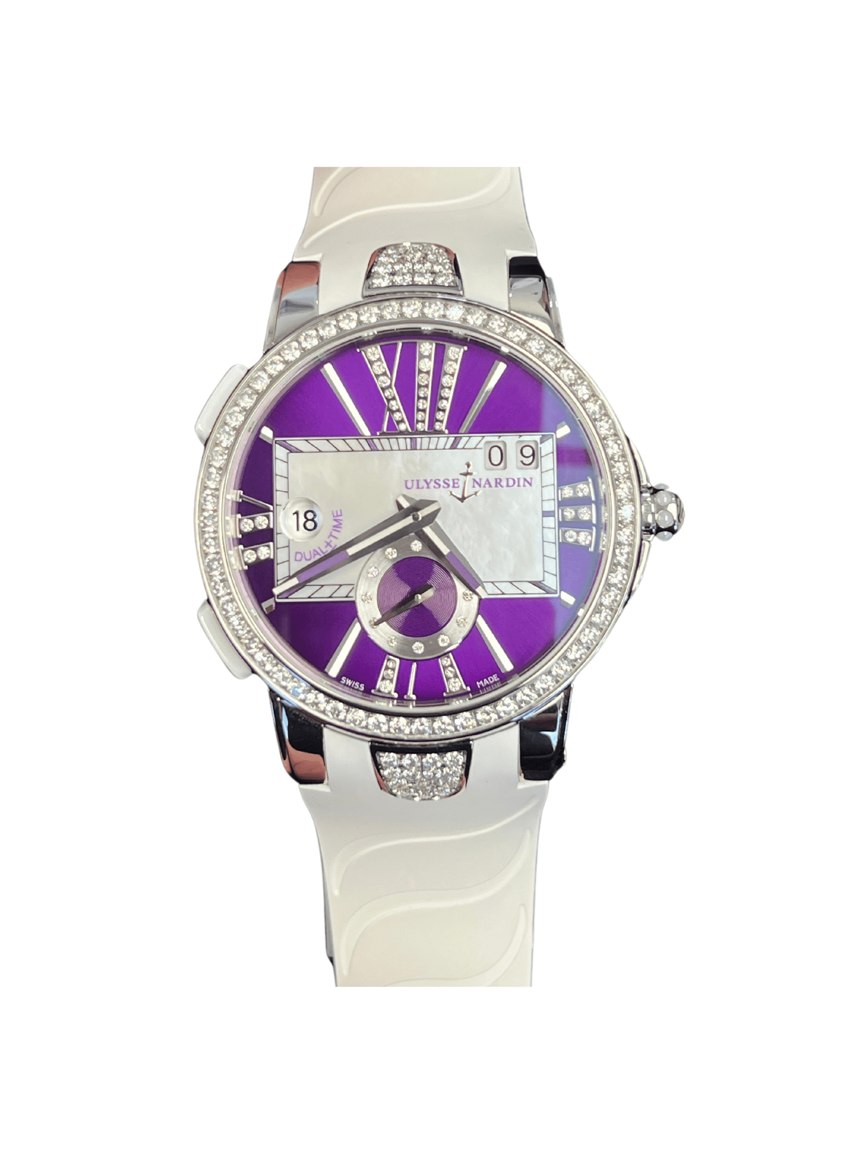Ulysse Nardin Executive Dual Time Stainless Steel MOP Purple Dial Diamond Bezel 243-10/30-07