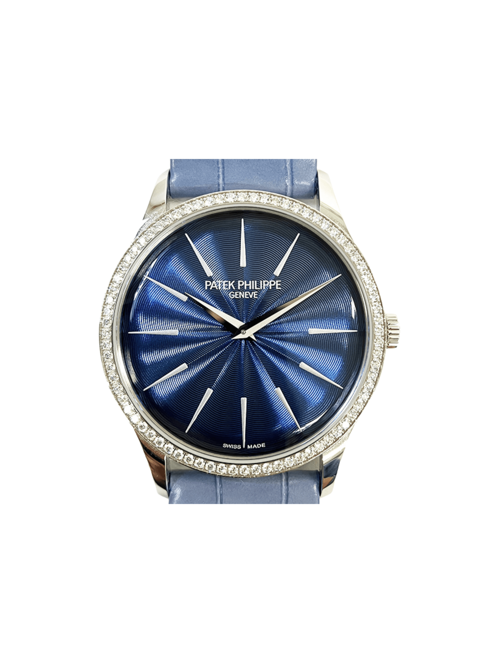 Patek Philippe Ladies Calatrava Joaillerie Diamond Bezel White Gold Blue Dial 4997/200G-001