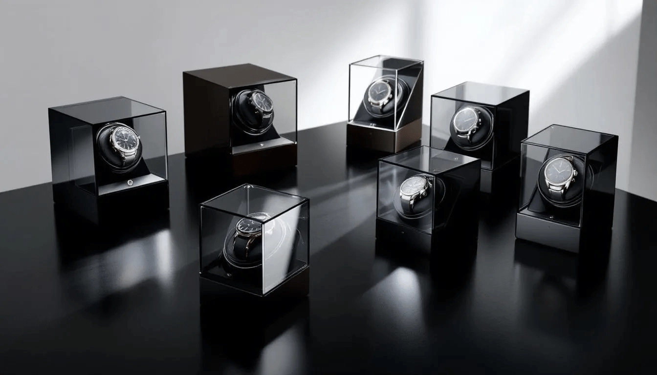 A collection of watch winders for automatic watches.