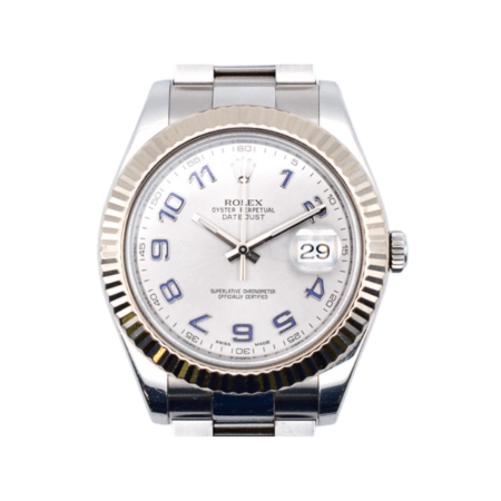 Rolex Datejust II Stainless Steel White Gold Silver Blue Arabic Dial 116334