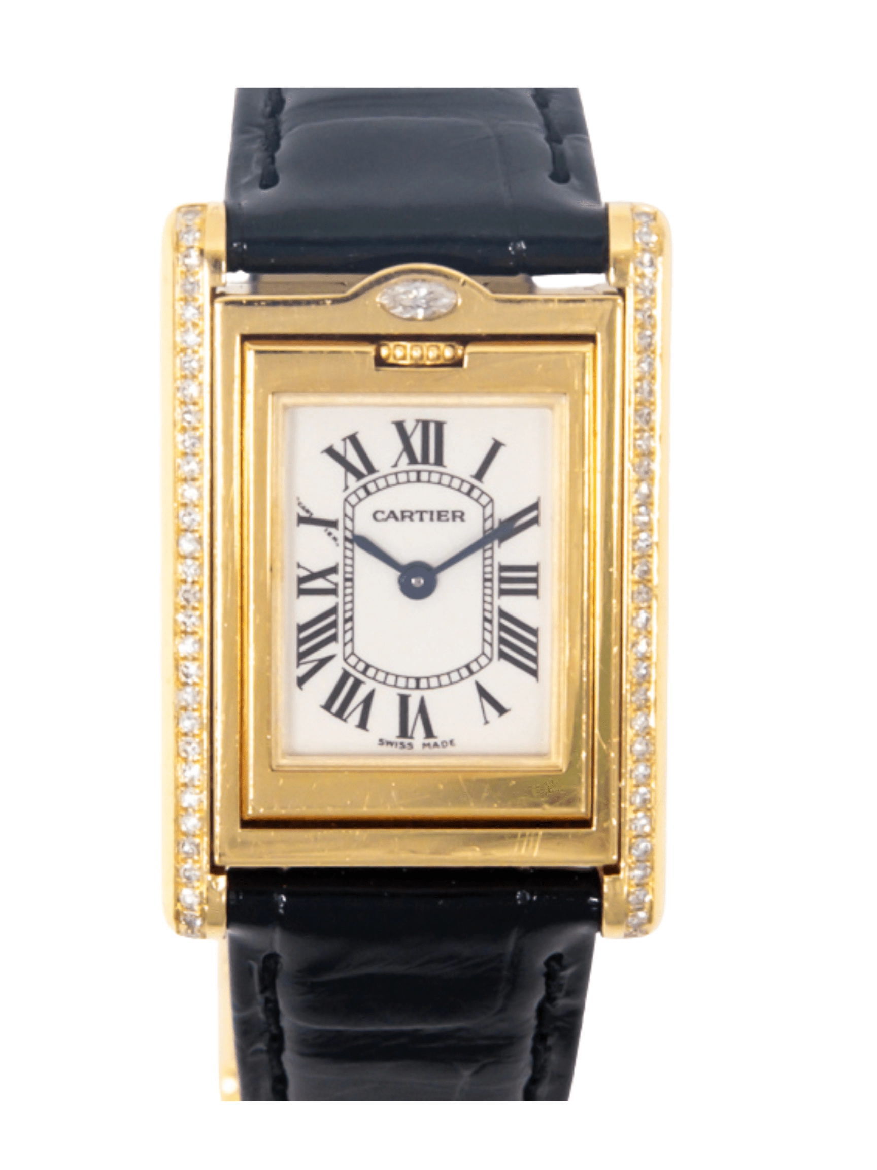 Cartier Tank Basculante Yellow Gold Diamond Bezel White Roman Dial WA202251