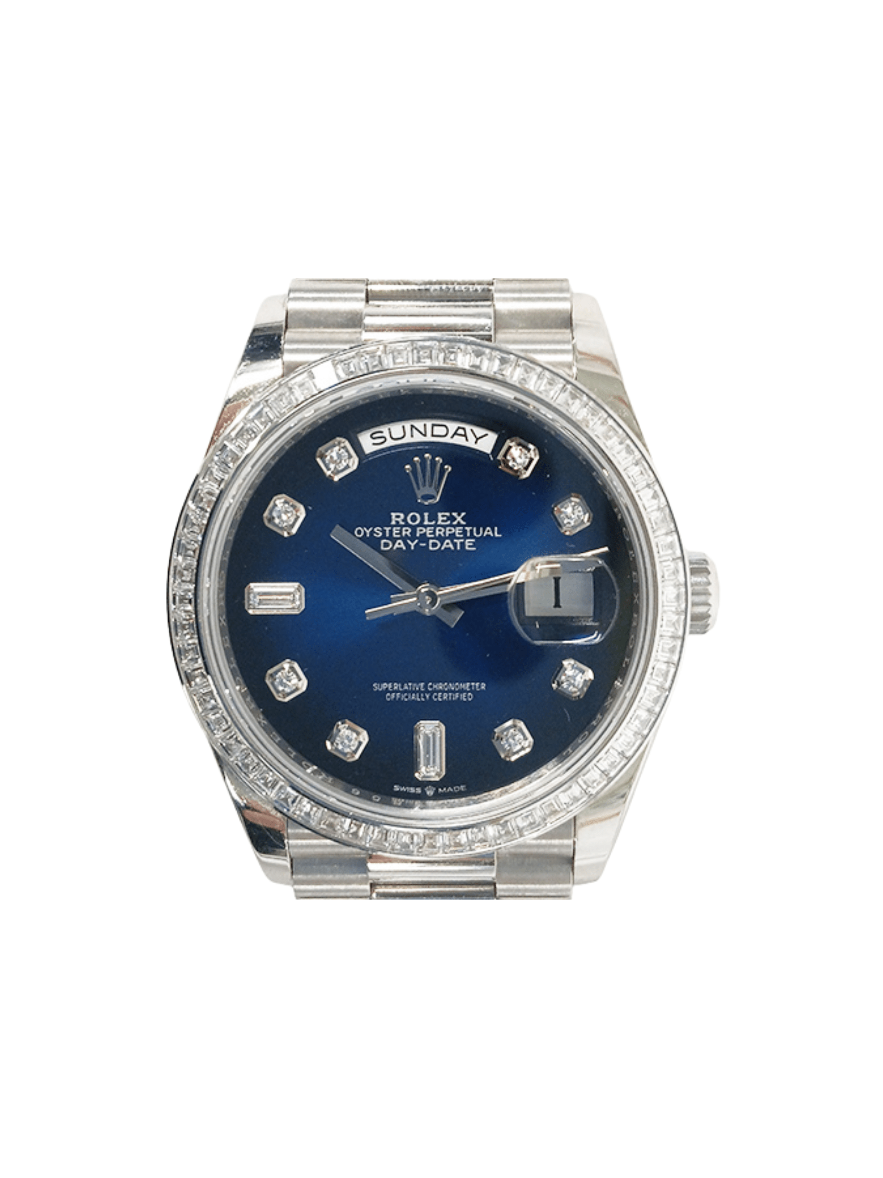 Rolex Day-Date 36 Platinum Baguette Diamond Bezel Blue Diamond Dial 128396TBR