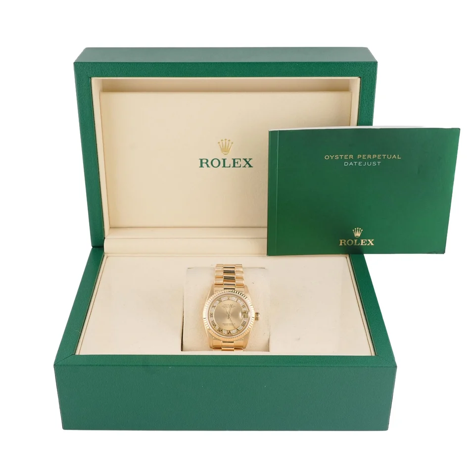 Rolex Datejust Yellow Gold Champagne Roman Diamond Dial 68278