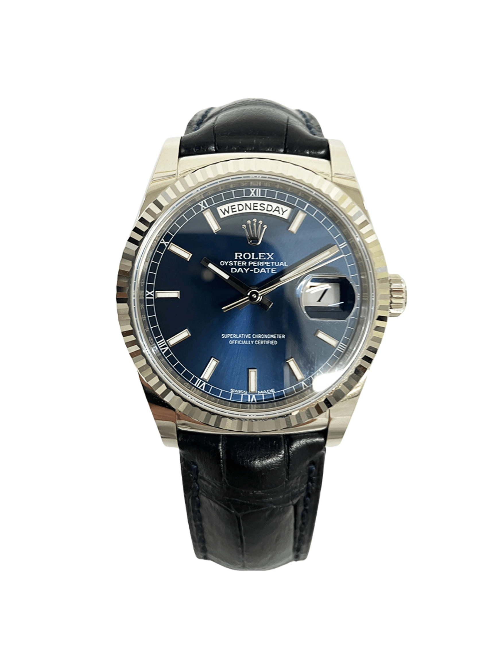 Rolex Day-Date 36 White Gold Blue Dial Blue Crocodile Strap 118139