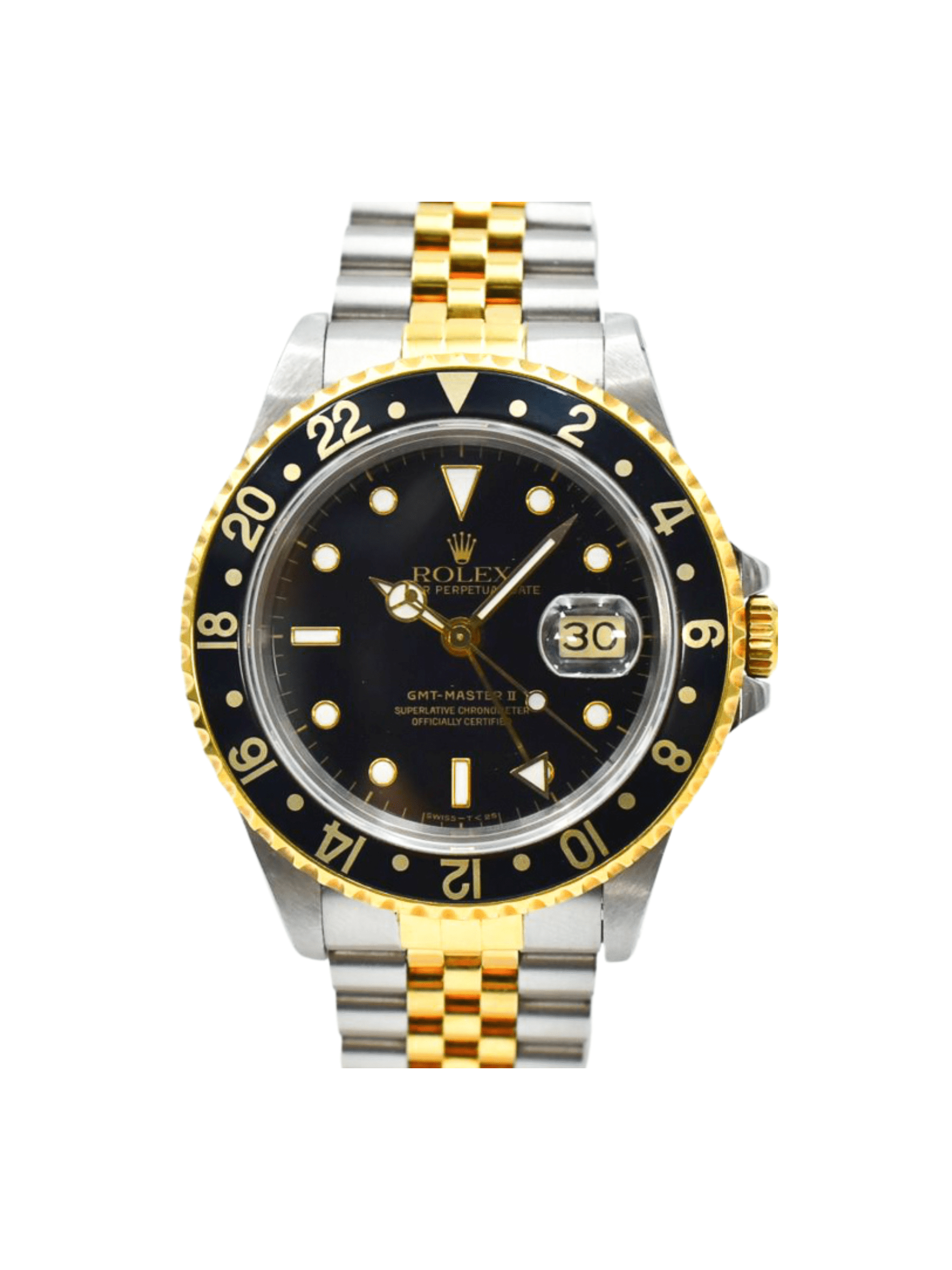 Rolex GMT-Master II Two-Tone Yellow Gold Steel Black Dial 16713 Bracelet