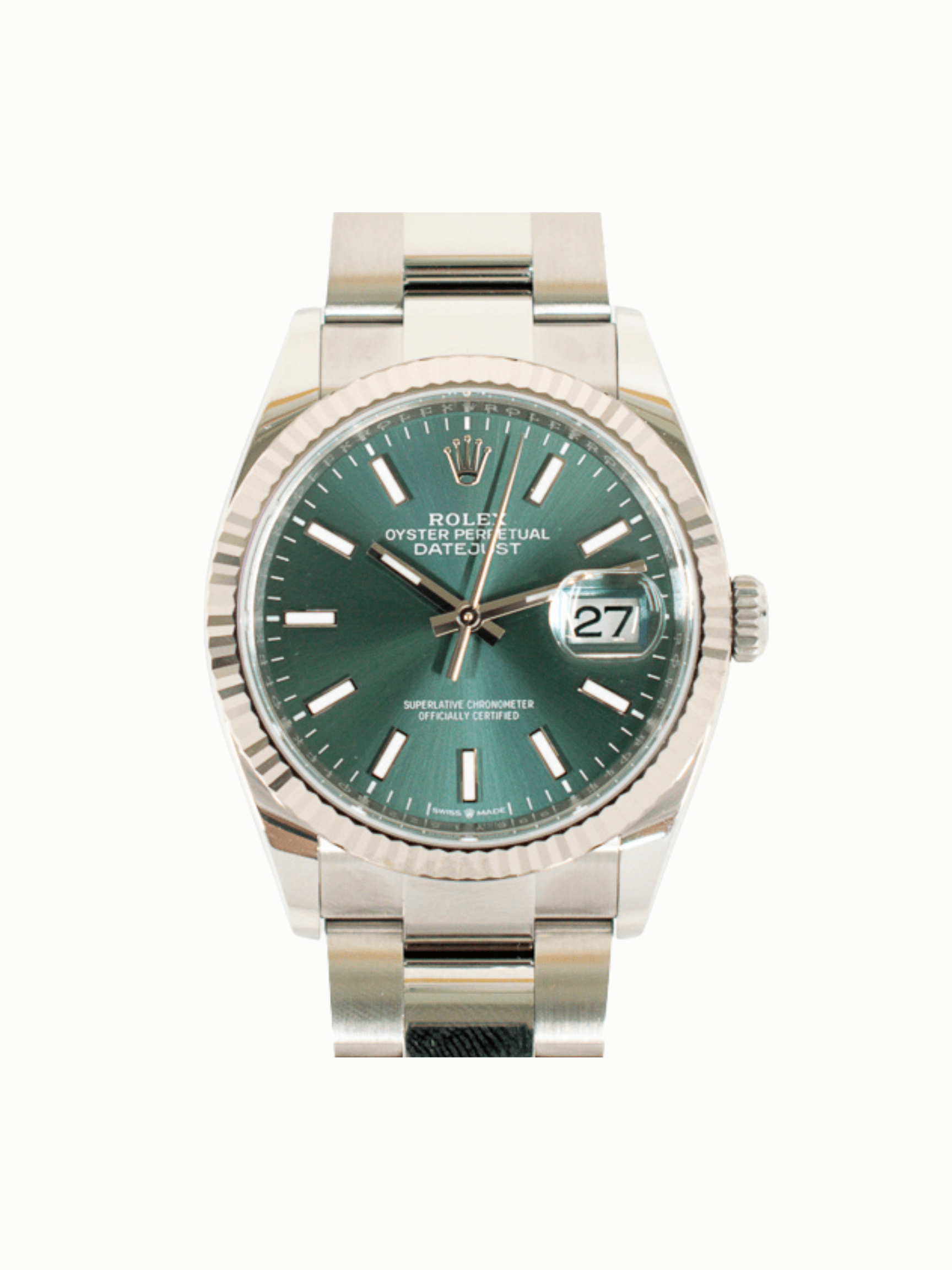 Rolex Datejust 36 Stainless Steel and White Gold Mint Green Stick Dial 126234